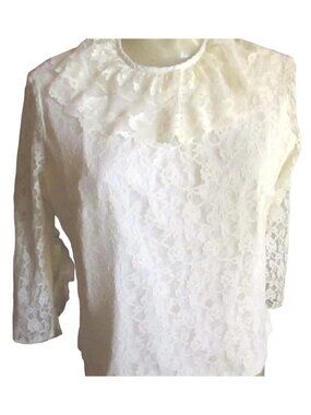 Vintage Womens Top Medium Goth Granny 1970's Lace MODE O DAY NET SLEEVE White